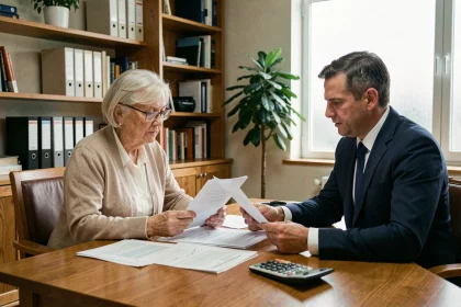 Une femme âgée et un conseiller financier examinent des documents relatifs aux revenus pris en compte pour l'obligation alimentaire en maison de retraite
