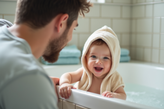 Père soutenant un bébé souriant près de la baignoire
