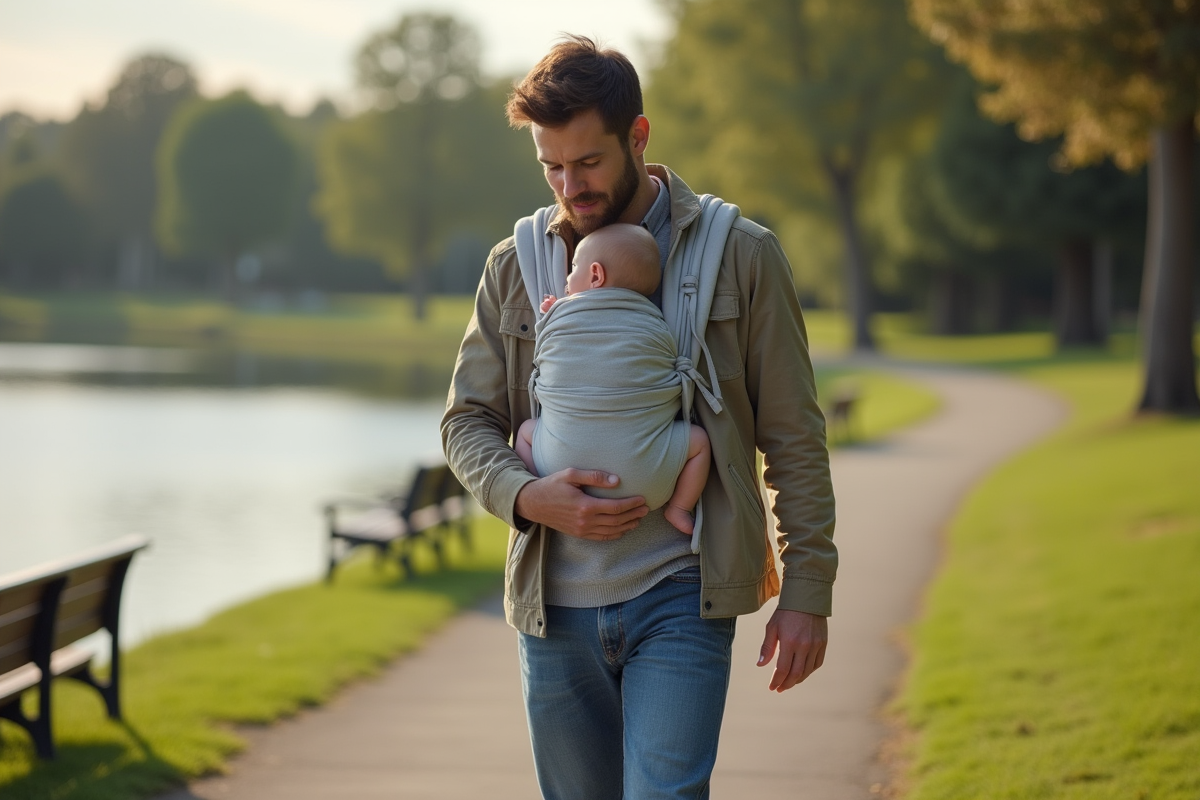 Père portant bébé dans une écharpe au bord du lac