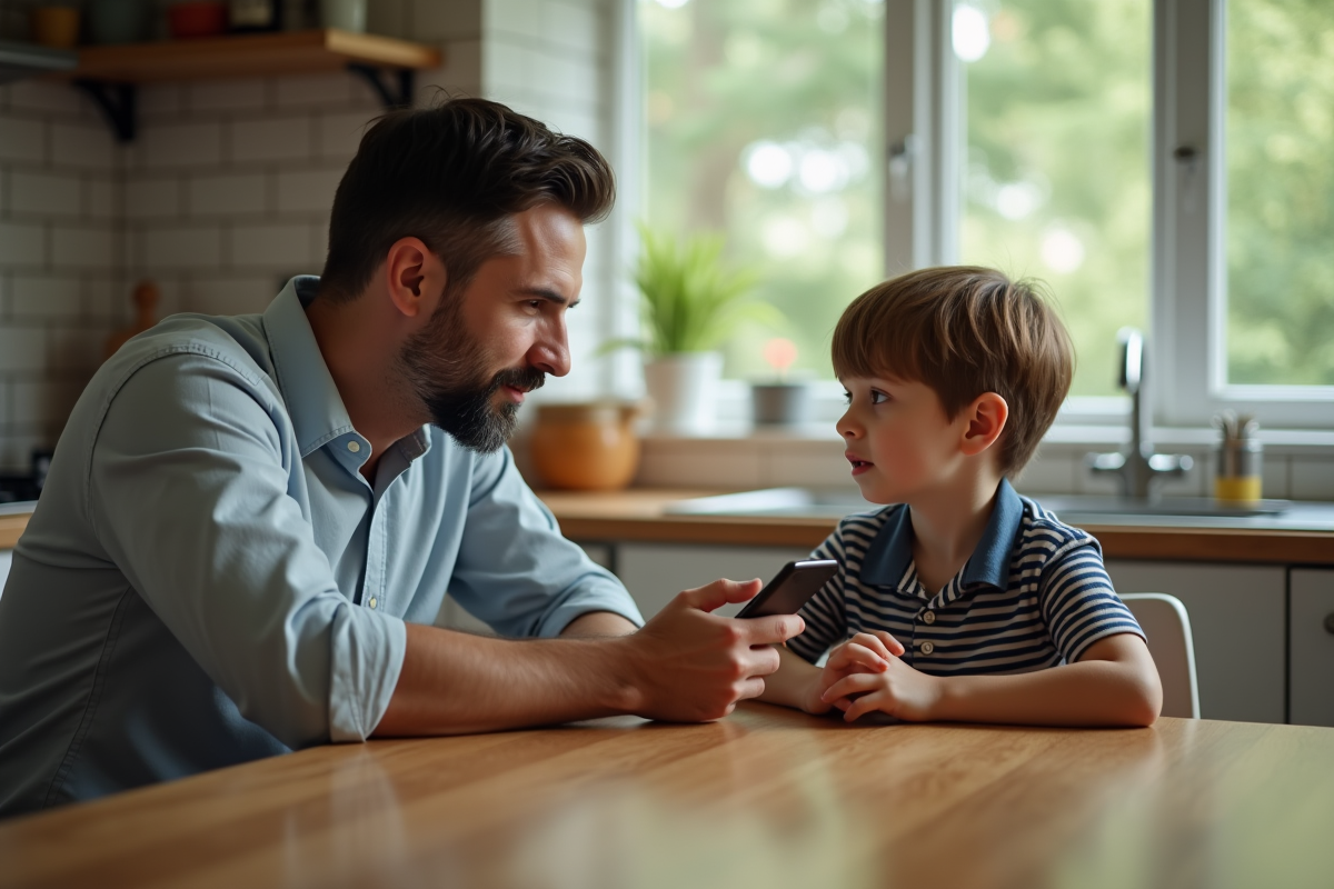 Pere et fils discutant à la table de cuisine authentique