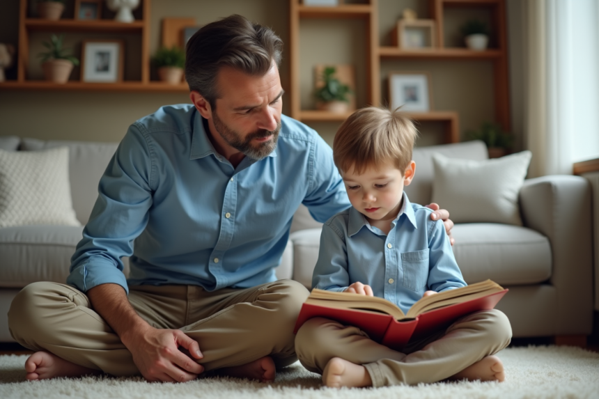 Père et fils lisant ensemble dans le salon chaleureux