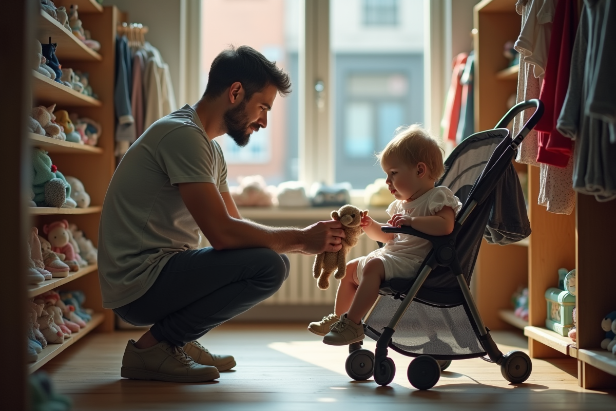 Papa examine un vêtement pour bébé dans une boutique d