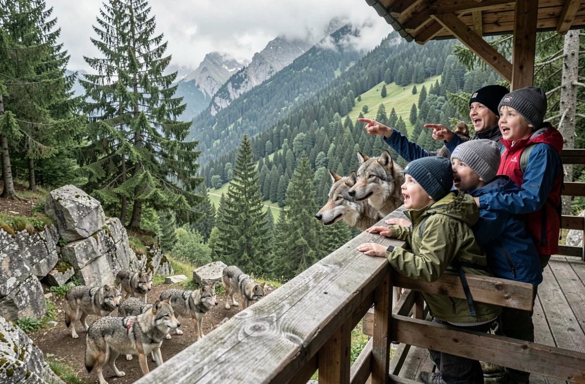 Une famille observe des loups gris depuis une plateforme en bois au Parc Alpha dans la vallée de la Vésubie