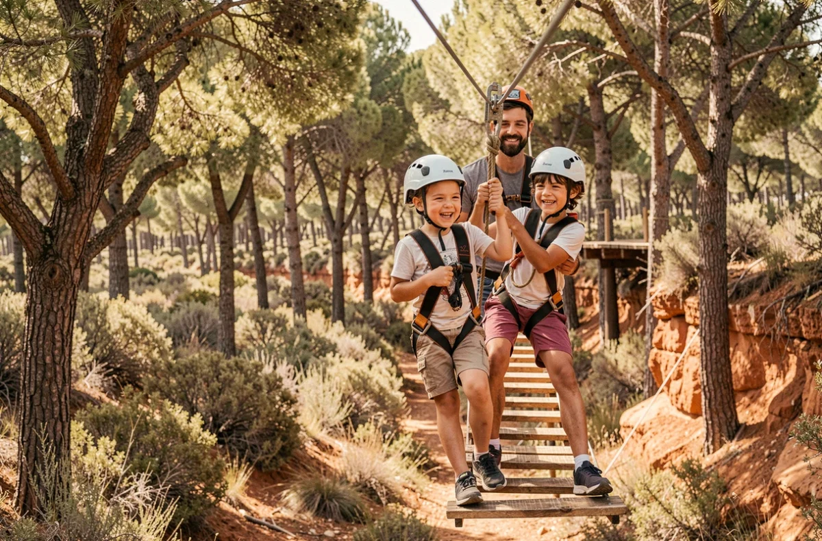 Un père et ses enfants s'élancent sur une tyrolienne au Parcabout de Montauroux en forêt méditerranéenne