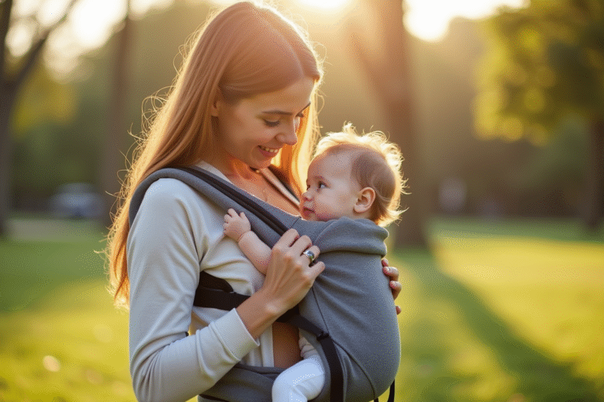 Parent portant bébé en porte-bébé extérieur en parc