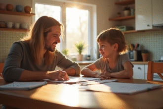 Parent et enfant souriants à la cuisine lors de la lecture du bulletin