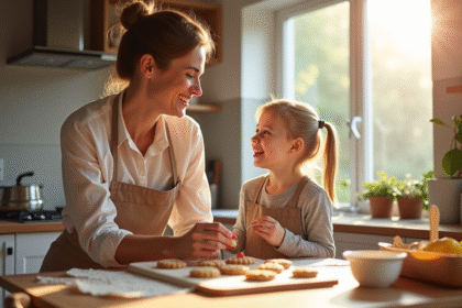 Parent et enfant cuisinant ensemble dans la cuisine lumineuse