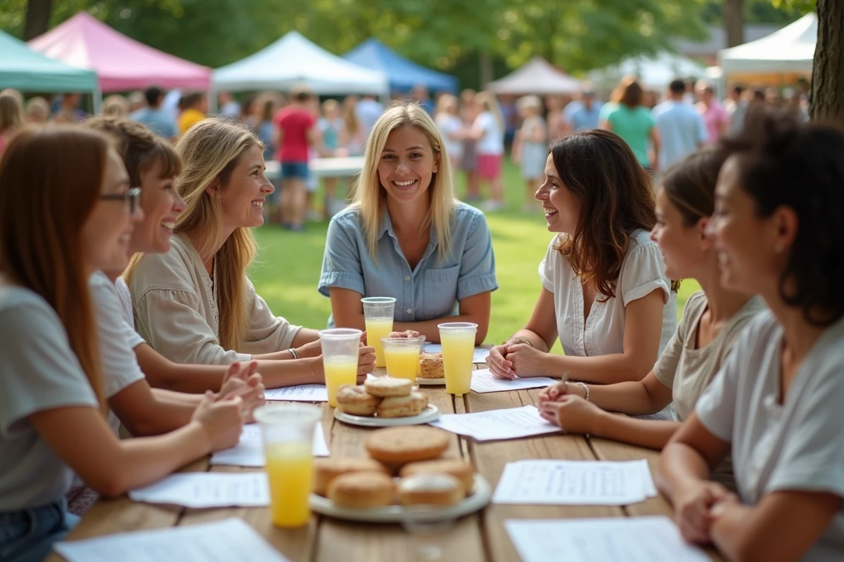 Parents et enseignants discutant autour d'une table organisatrice lors d'une kermesse conviviale en plein air