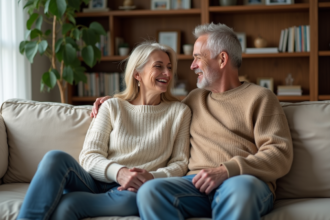 Parents souriants dans un salon chaleureux et cosy