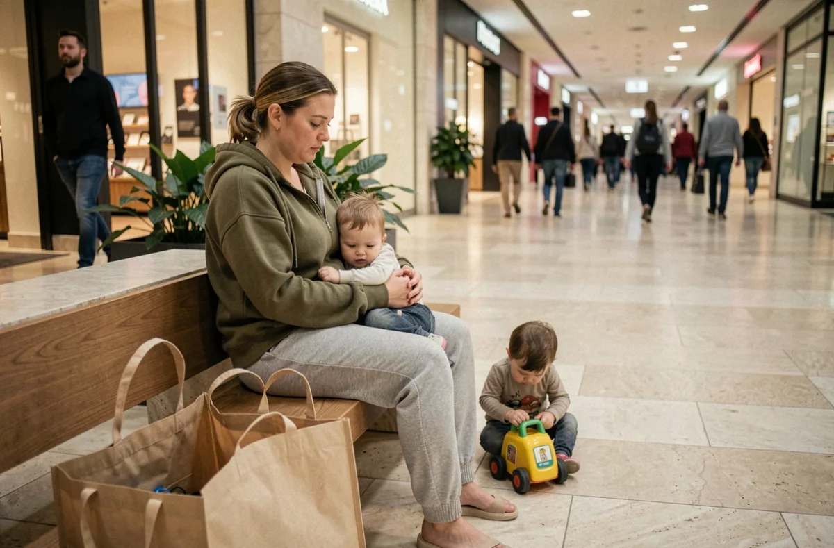 Maman épuisée assise sur un banc de centre commercial avec ses deux jeunes enfants après les courses