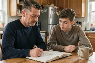 Père aidant son fils adolescent à faire ses devoirs à la table de cuisine, illustrant le rôle de la figure paternelle dans la réussite scolaire