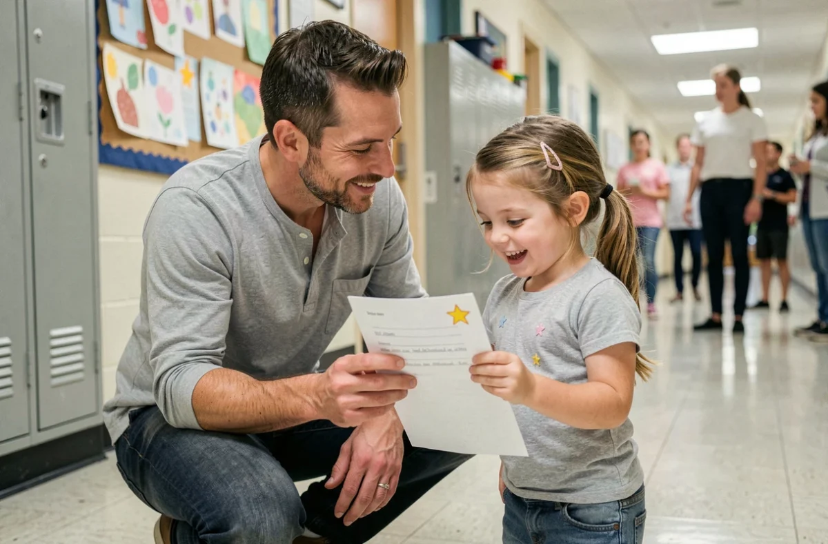 Père accroupi dans un couloir scolaire écoutant sa fille lui montrer son travail noté, symbolisant l'implication paternelle dans la scolarité