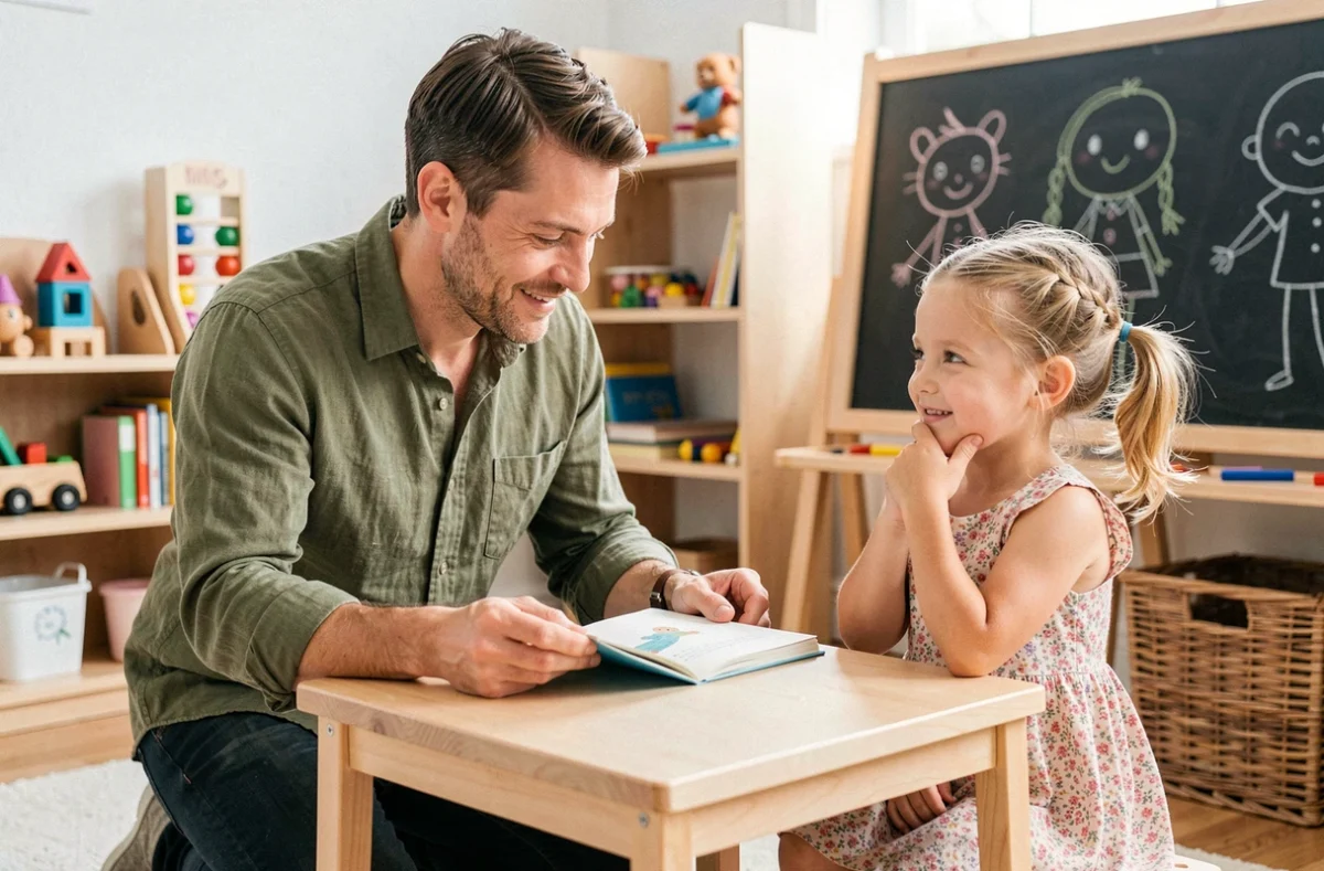 Père présentant un livre illustré de devinettes à sa fille de 5 ans dans une salle de jeux colorée avec tableau noir