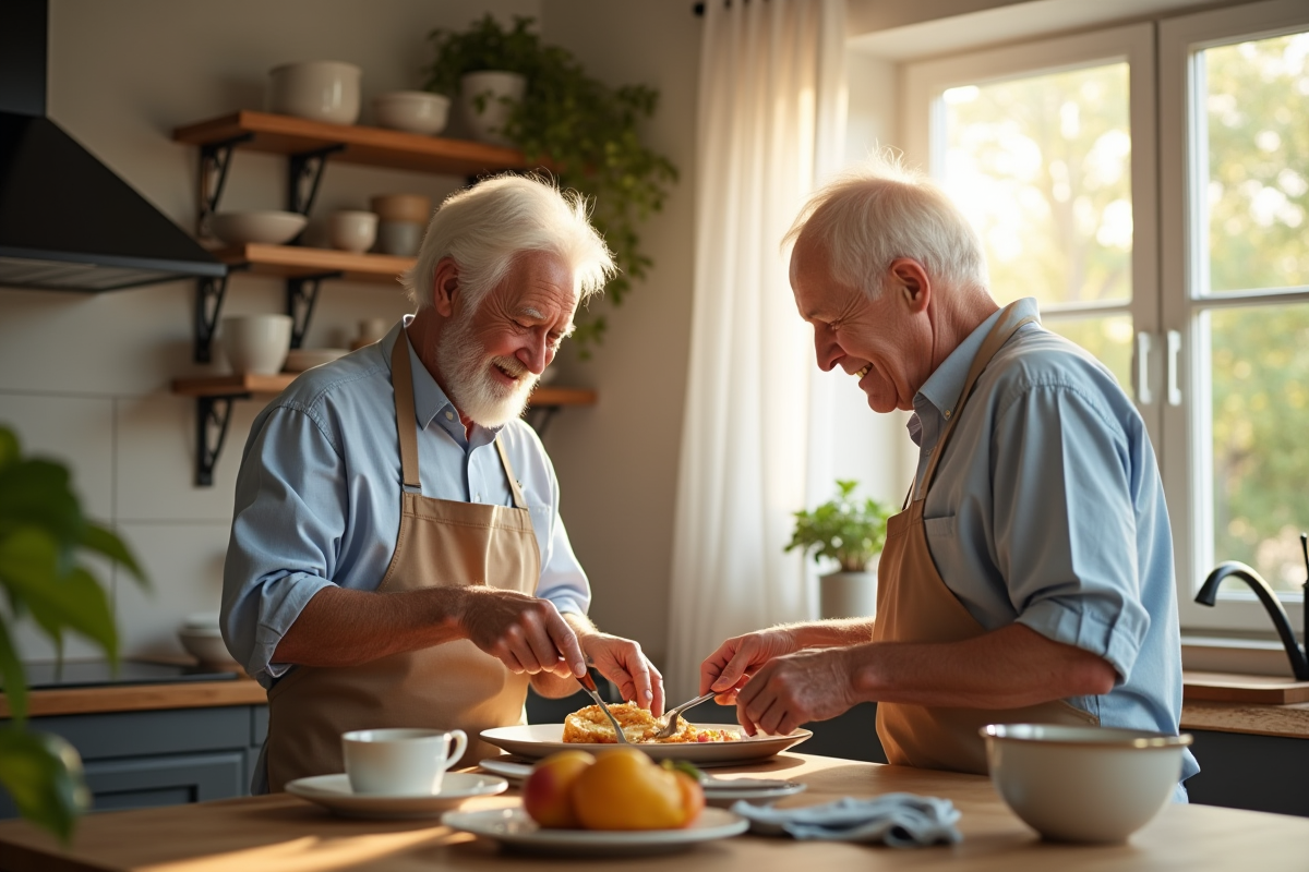 Couple senior préparant le petit déjeuner dans la cuisine lumineuse