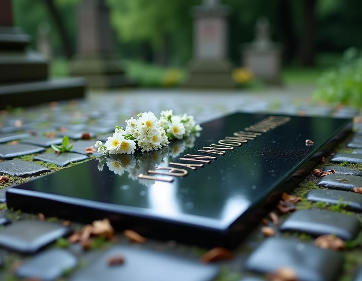 Plaque funéraire en granit noir gravée entourée de fleurs blanches sur les pavés d'un cimetière