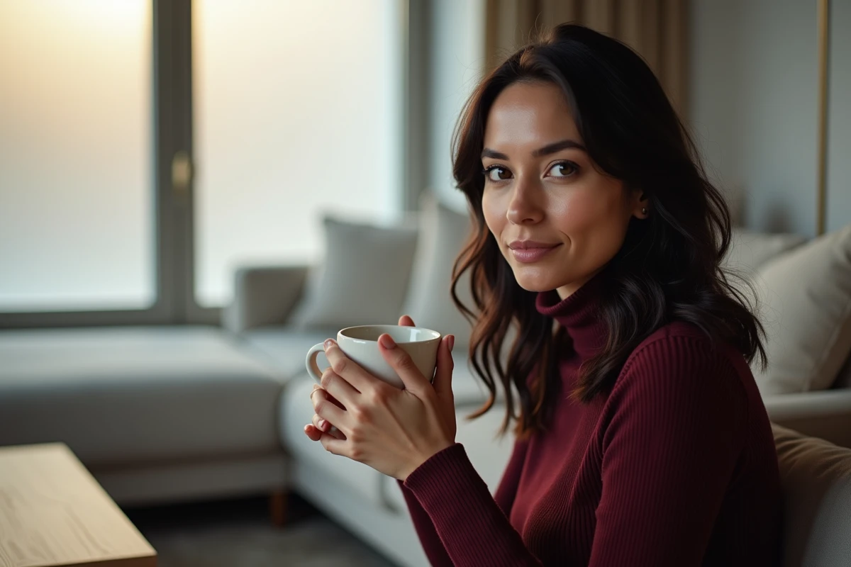 Portrait intime d'une femme en col roulé bordeaux tenant une tasse dans un salon minimaliste moderne, ambiance éditoriale lifestyle