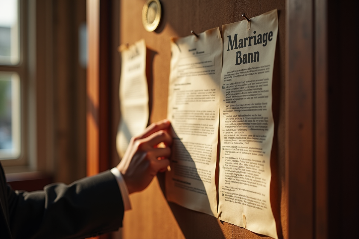 Officiel affichant une annonce de mariage dans une mairie lumineuse