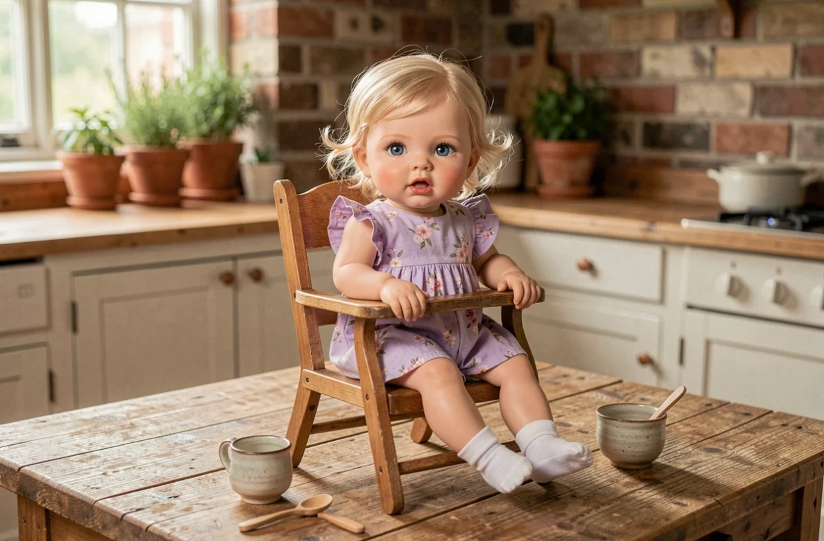 Poupée reborn fille blonde aux yeux bleus dans une chaise haute en bois dans une cuisine rustique