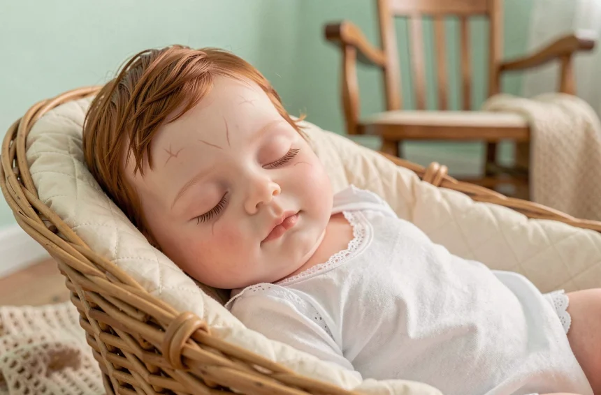 Poupée reborn fille réaliste endormie dans un berceau en osier avec détails de peau silicone et cheveux naturels