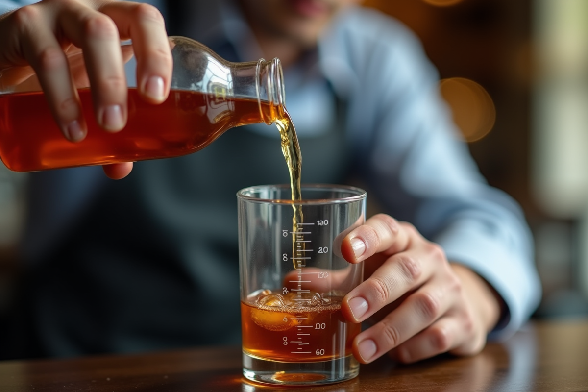 Main de barman versant liquide dans cylindre gradué