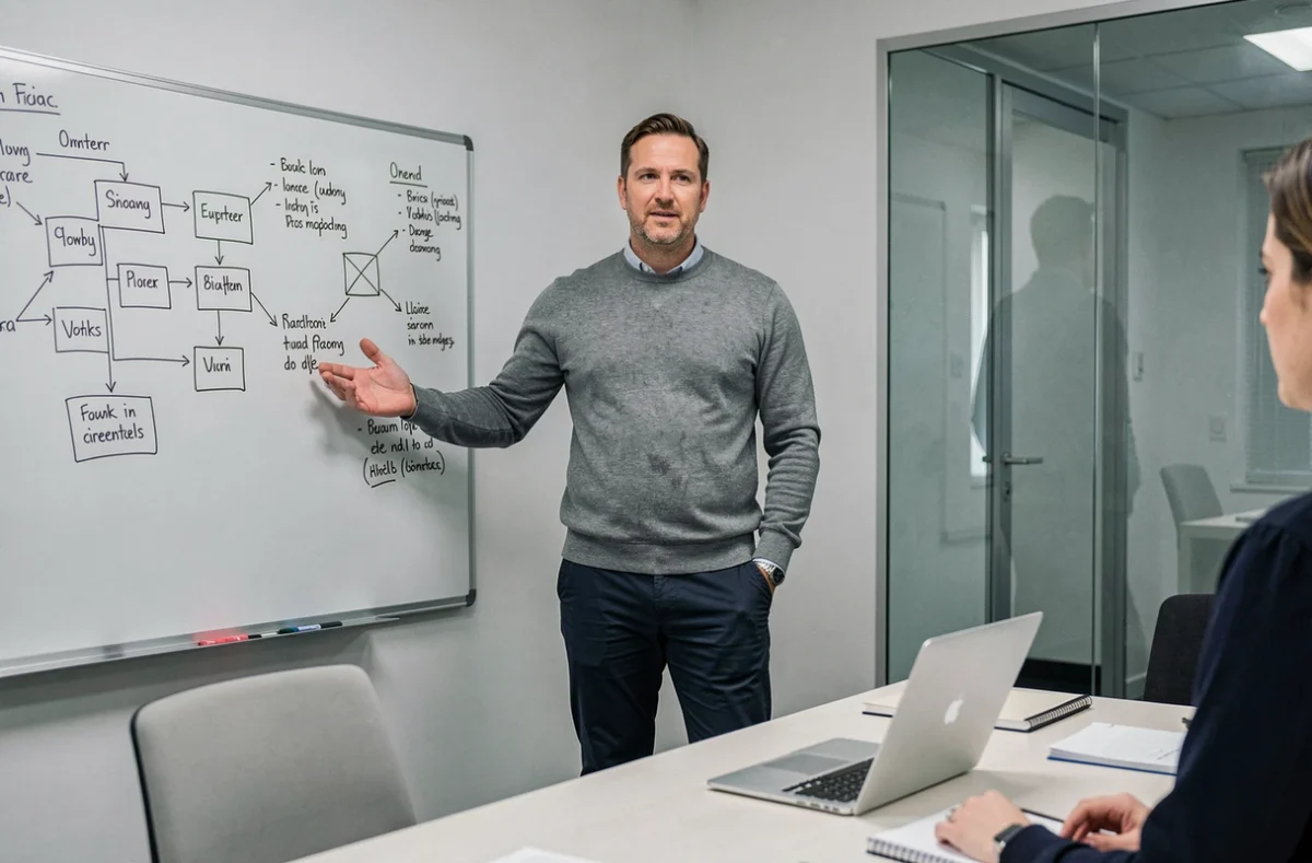 Homme présentant des missions professionnelles devant un tableau blanc dans une salle de réunion contemporaine