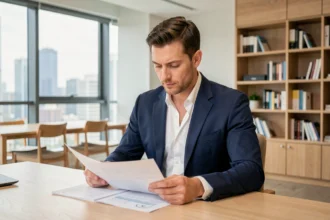Professionnel en costume marine travaillant sur des documents dans un bureau moderne avec vue sur la ville
