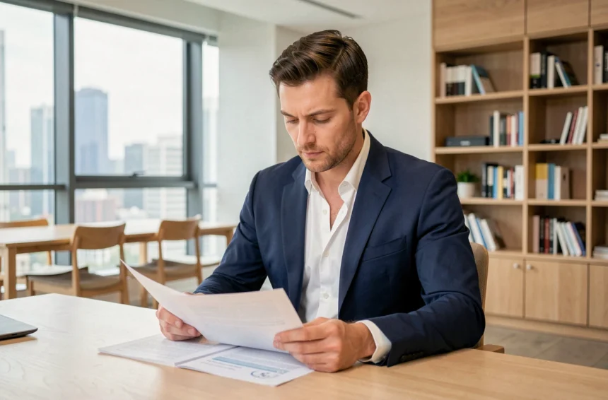 Professionnel en costume marine travaillant sur des documents dans un bureau moderne avec vue sur la ville