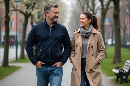 Homme et femme souriants dans un parc urbain au printemps