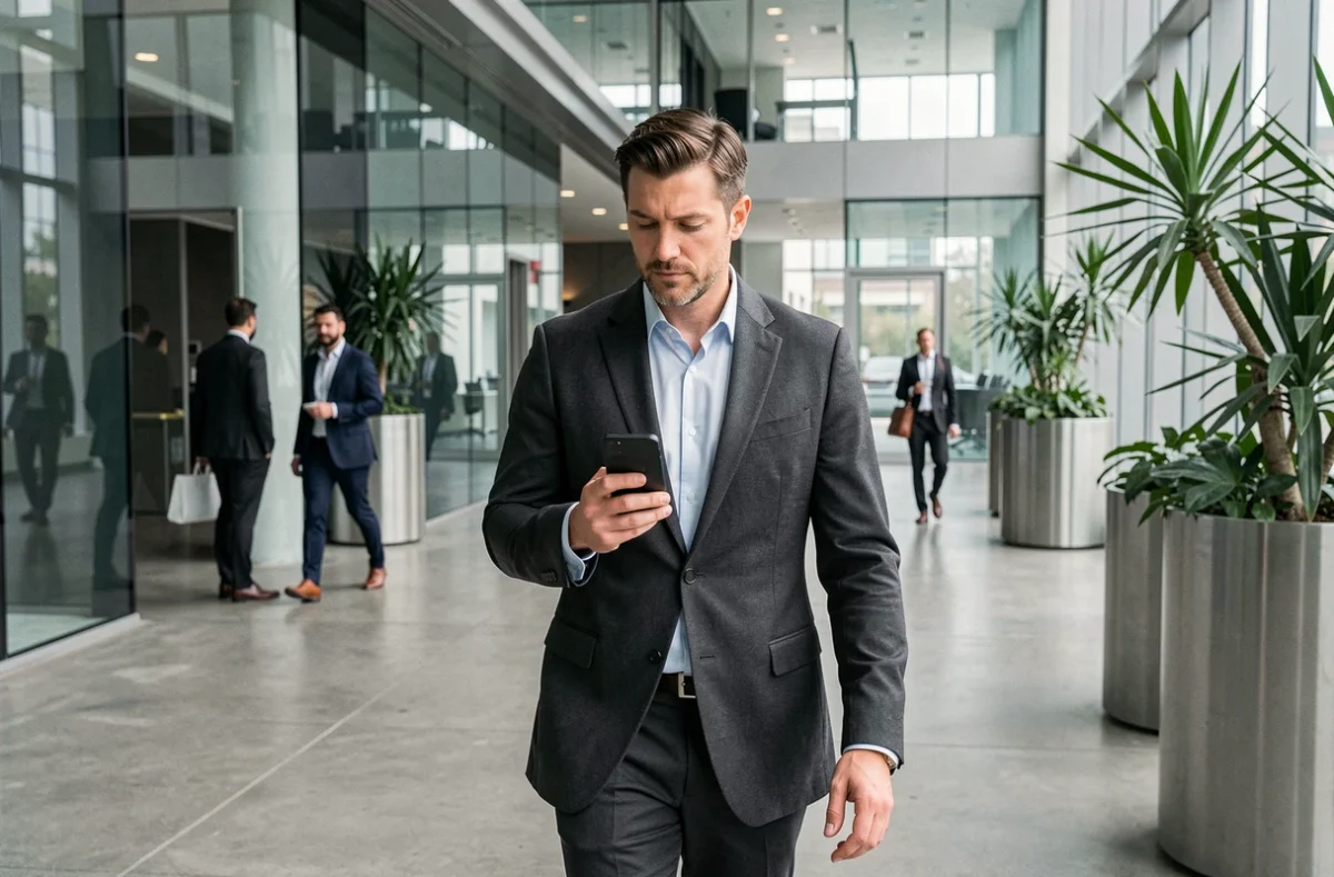 Cadre professionnel traversant un hall d'entreprise moderne en consultant son téléphone lors de sa journée de travail