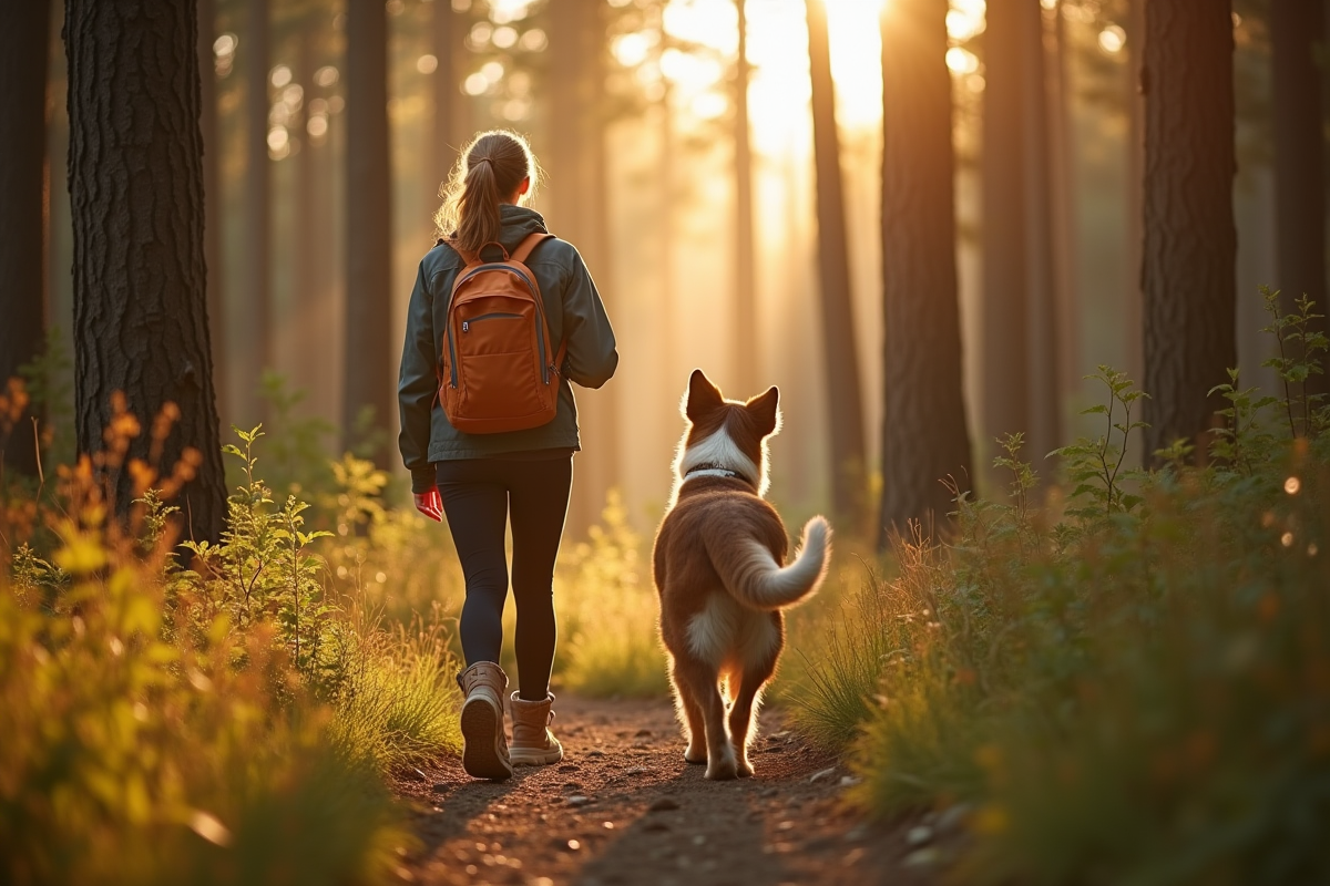 Chien berger australien en randonnée dans la forêt avec une femme