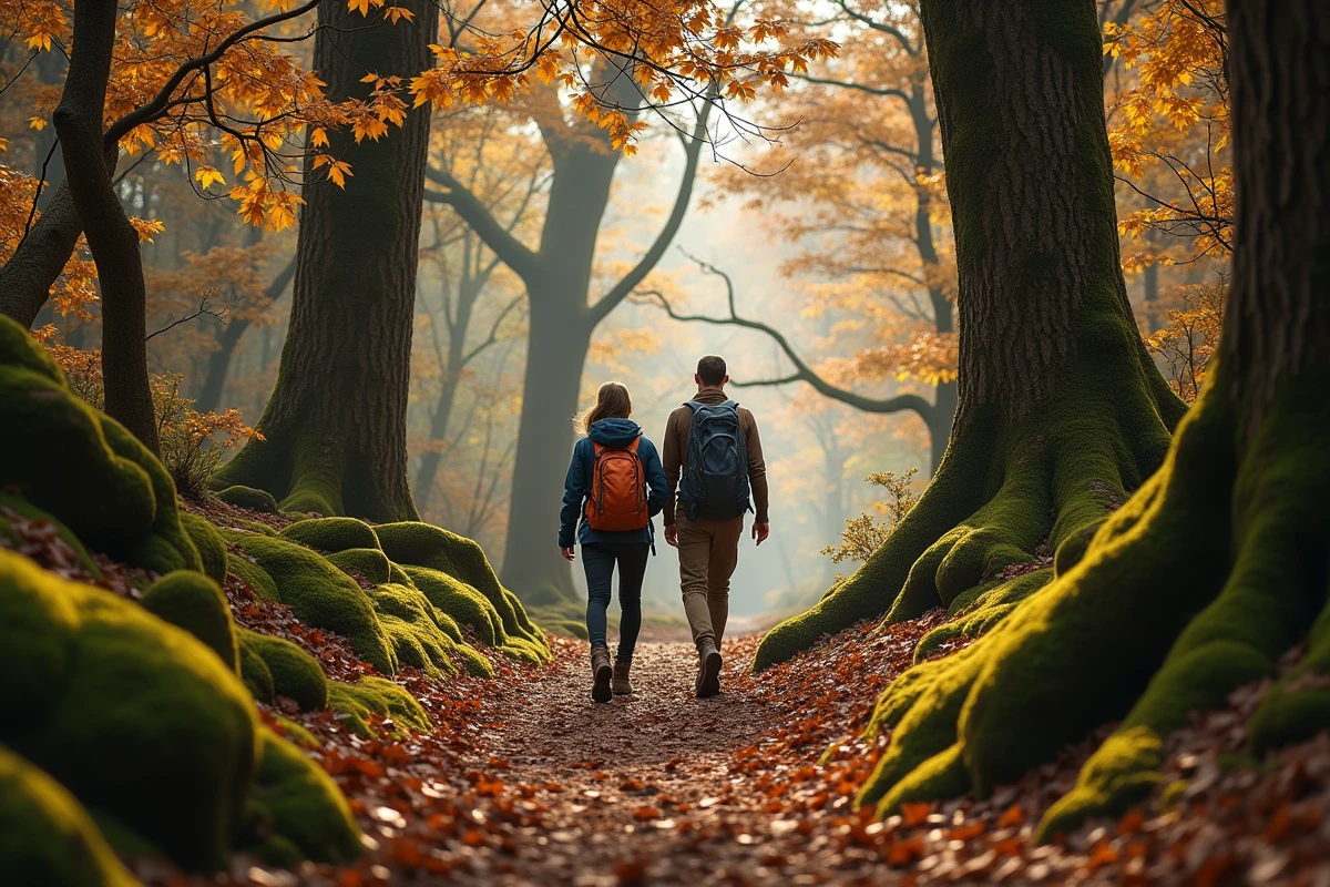 Couple en randonnée dans la forêt de Fontainebleau, sentier forestier entouré de rochers de grès et de feuillage automnal