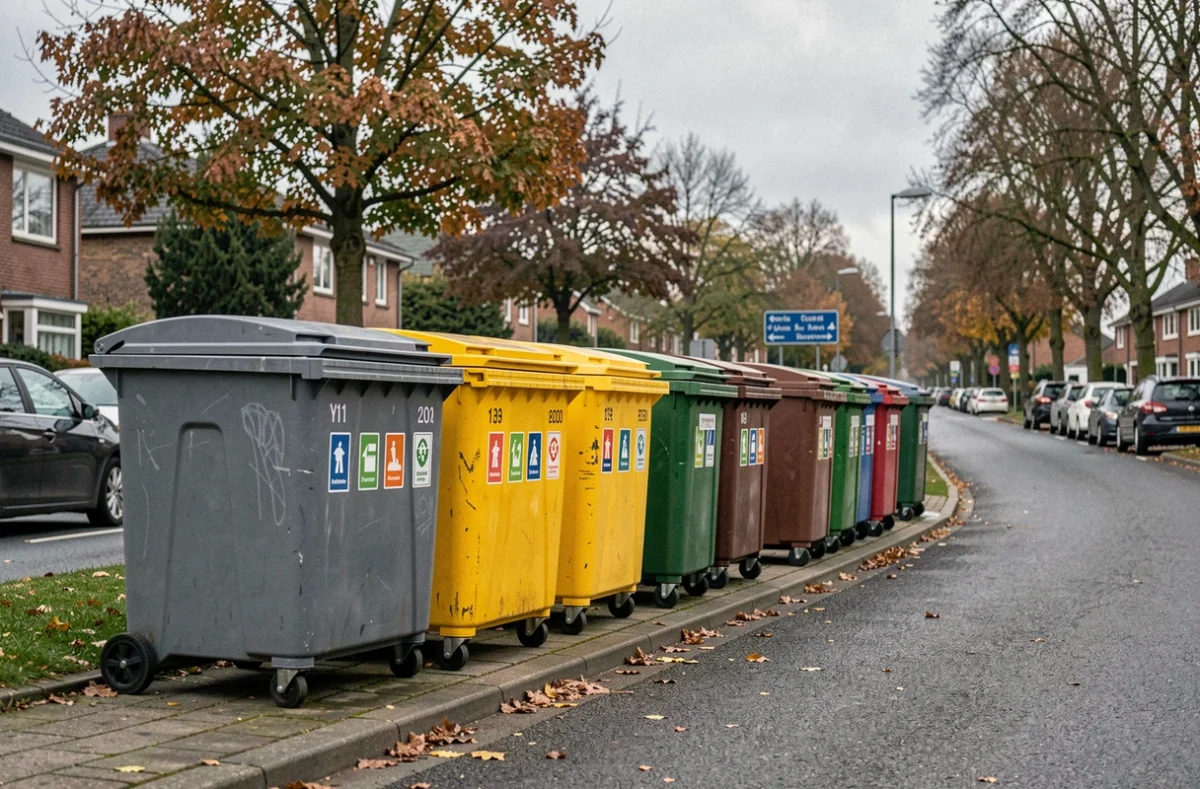 Rangée de poubelles municipales alignées sur le trottoir pour la collecte des déchets selon le calendrier semaine paire impaire 2026