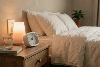Réveil numérique compact et veilleuse pastel posés sur une table de chevet en bois dans une chambre cosy