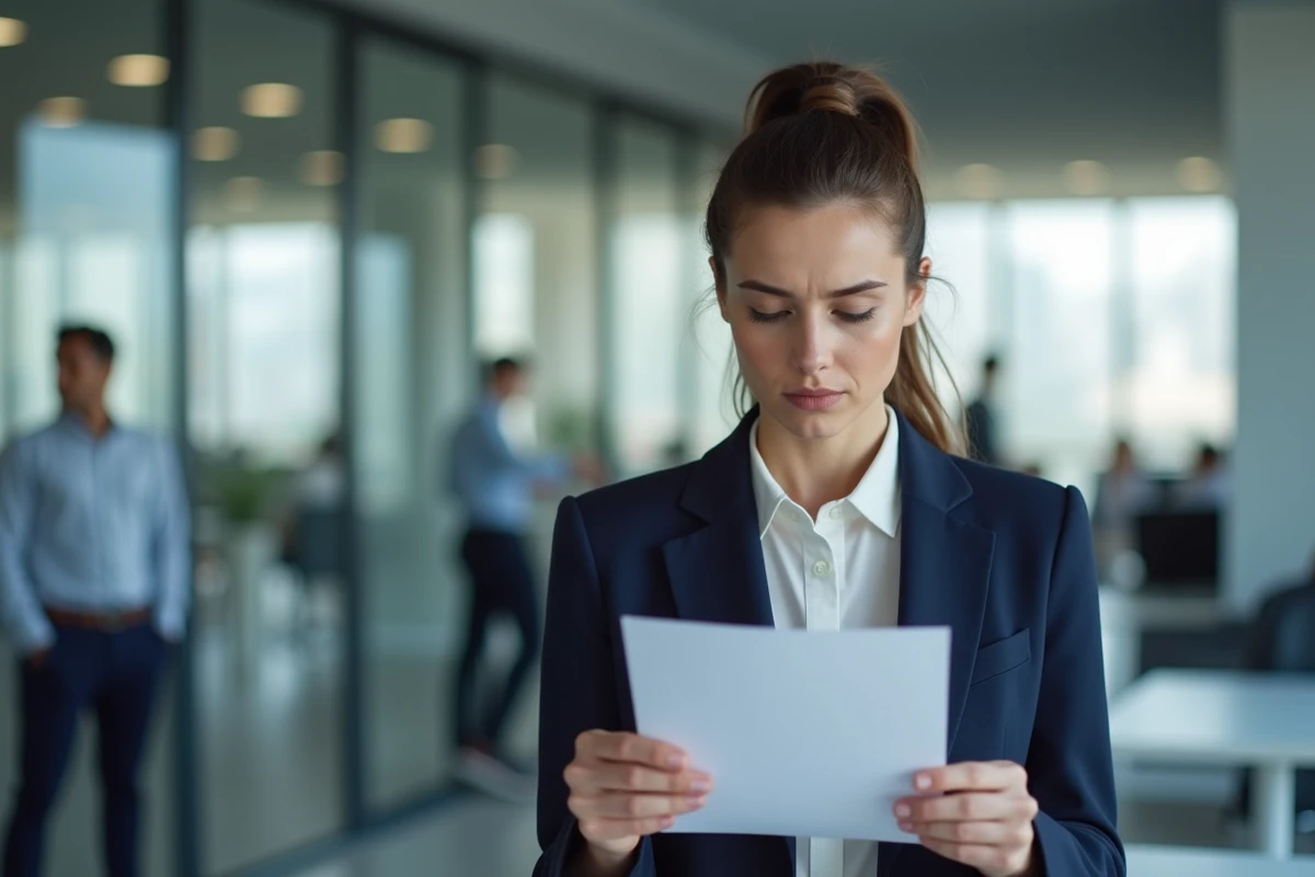 Jeune femme au bureau tenant une lettre officielle de demande de temps partiel 80% après congé maternité, exprimant une inquiétude face aux erreurs administratives