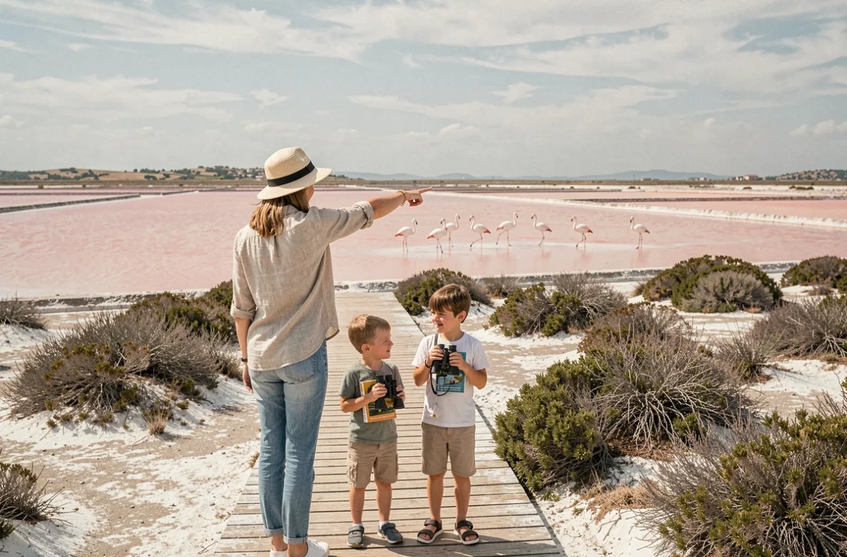 Une mère et ses enfants observent des flamants roses sur les sentiers en bois des Salins d'Hyères