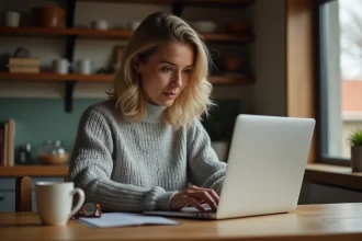 Femme sécurisant son compte en ligne sur un ordinateur portable dans une cuisine chaleureuse