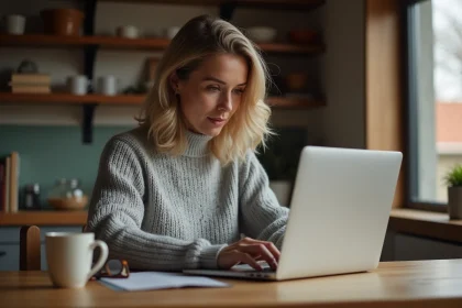 Femme sécurisant son compte en ligne sur un ordinateur portable dans une cuisine chaleureuse