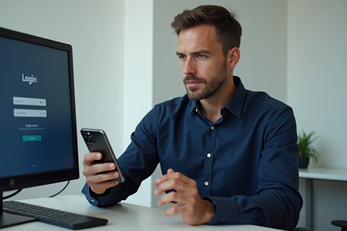 Homme consultant son téléphone et son ordinateur pour sécuriser un compte assmat à domicile