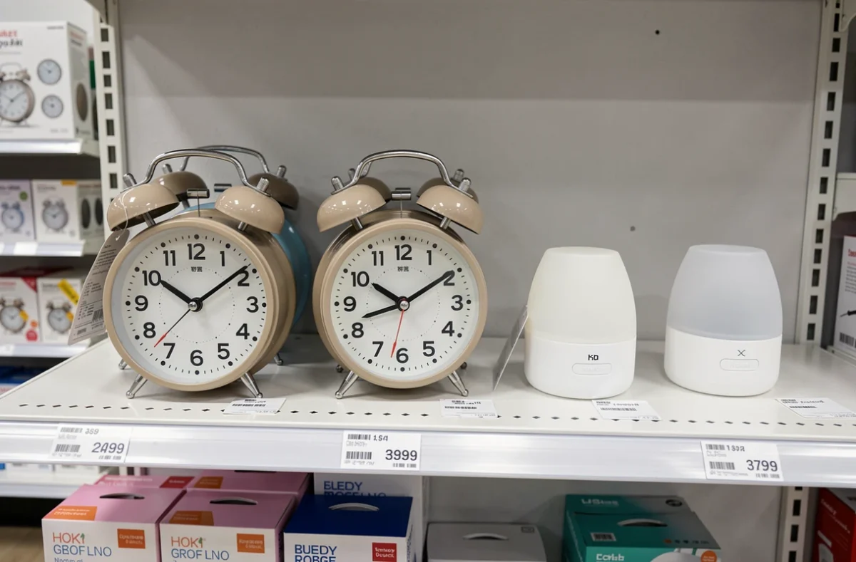 Sélection de réveils et veilleuses abordables exposés sur un rayon de magasin avec étiquettes de prix
