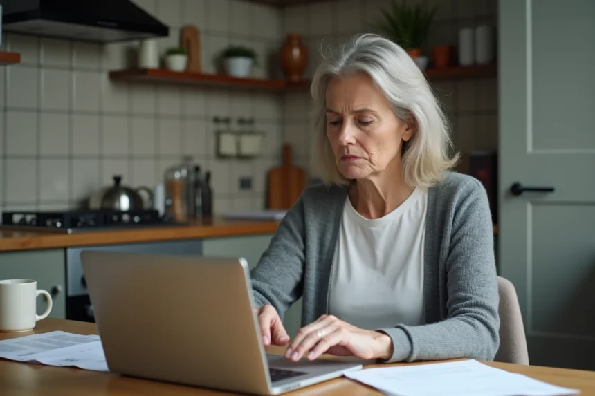 Femme tapant un signalement anonyme en ligne sur son ordinateur portable dans une cuisine modeste