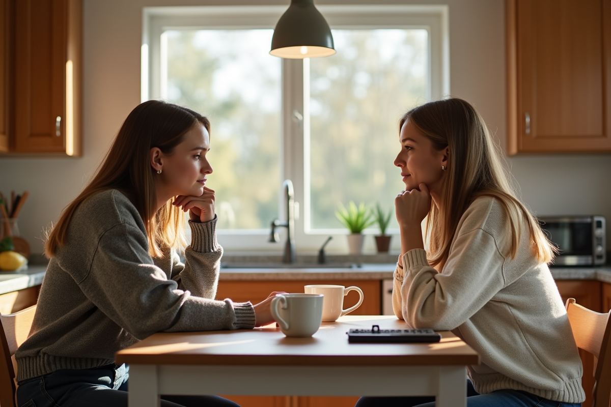 Deux soeurs discutant à la cuisine ensoleillée