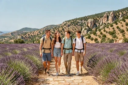 Une famille joyeuse explore un sentier provençal entouré de champs de lavande et de collines rocheuses sous un ciel méditerranéen
