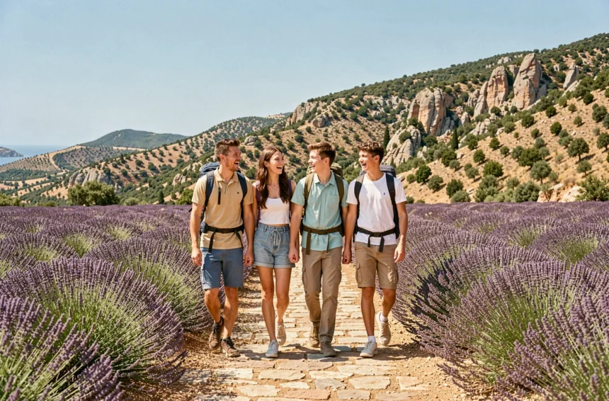Une famille joyeuse explore un sentier provençal entouré de champs de lavande et de collines rocheuses sous un ciel méditerranéen