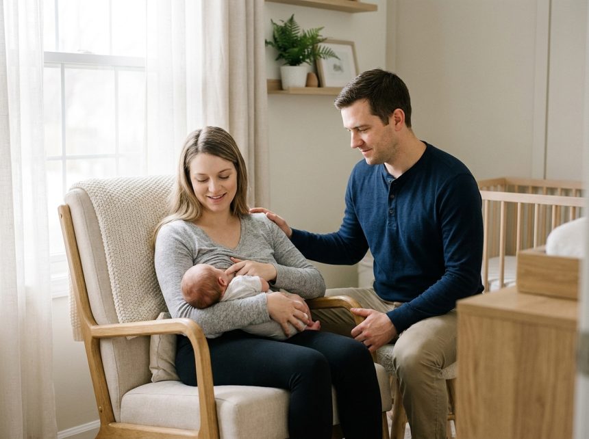 Jeune mère allaitant son nouveau-né soutenue par son partenaire dans une chambre de bébé chaleureuse