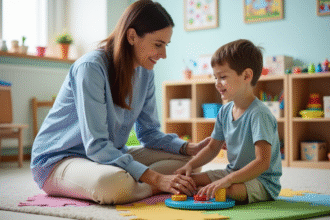 Therapeute avec un enfant sur un tapis sensoriel lumineux