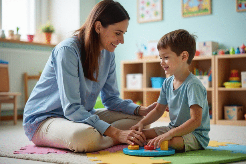 Therapeute avec un enfant sur un tapis sensoriel lumineux