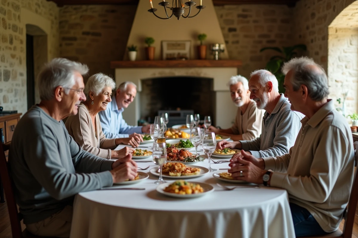Repas en famille dans une maison de campagne française traditionnelle, illustrant le cercle familial et la vie privée préservée