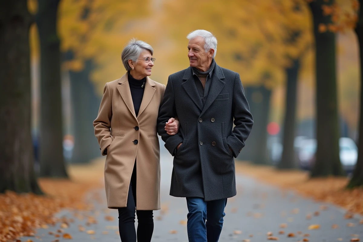 Couple élégant se promenant discrètement dans une rue parisienne en automne, évoquant la vie conjugale et familiale privée