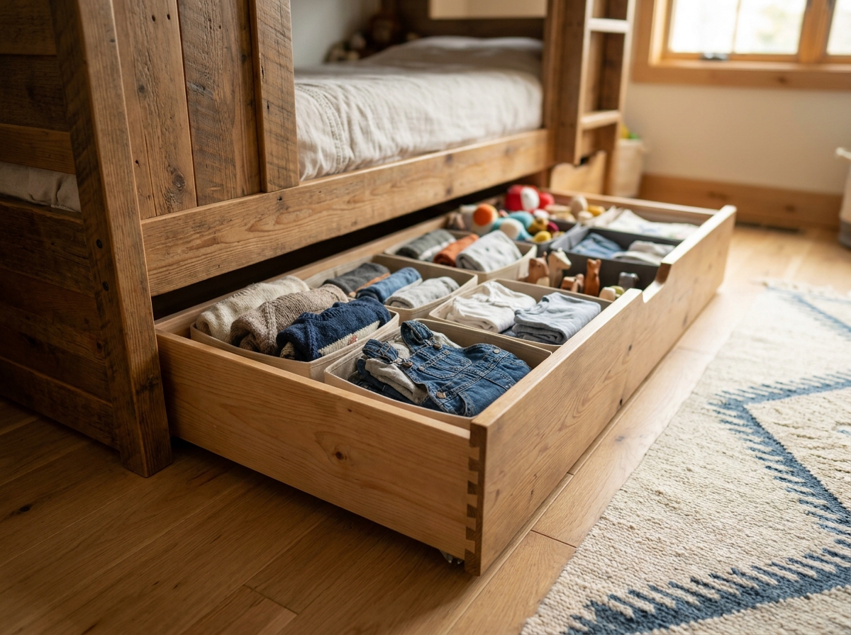 Tiroir de lit cabane ouvert révélant un rangement organisé pour vêtements et jouets d'enfant