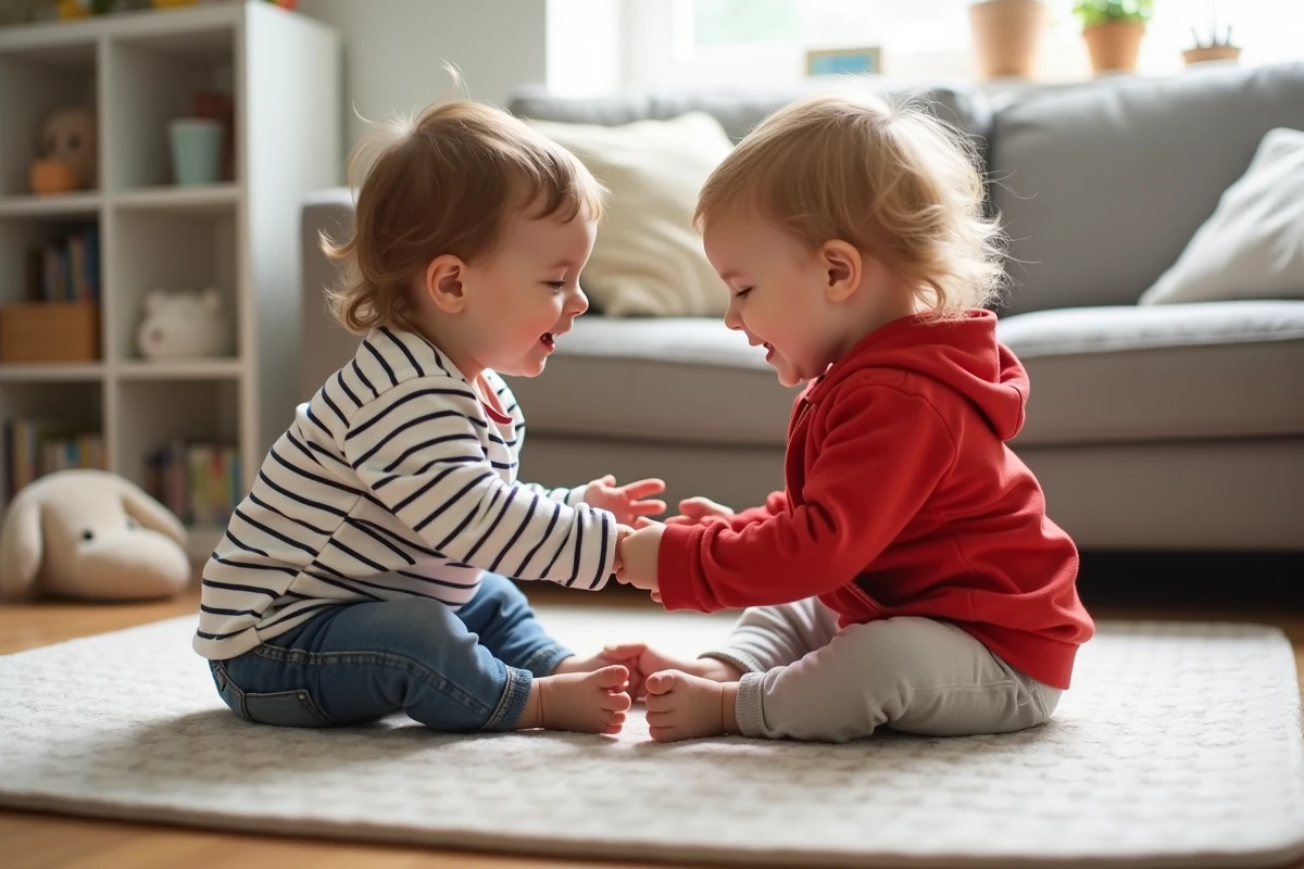 Deux tout-petits jouant à touche touche pas en toute sécurité sur un tapis de jeu à la maison
